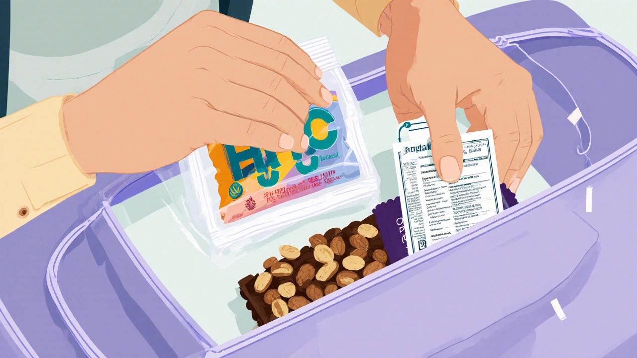 Cestující balí HHC‑P edibles do příručního zavazadla s ořechy a certifikátem.