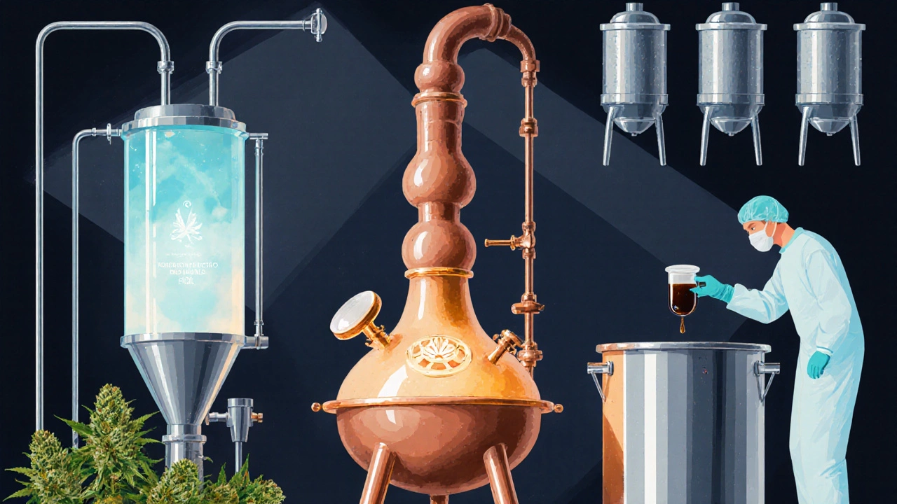 Ilustrace moderního destilačního procesu: extrakce CO₂, míchání vodky s konopným extraktem a filtrací.