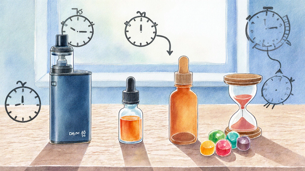 Koláž čtyř způsobů podání Delta‑8 (vaping, kapky, kapsle, gummies) s naznačenými časovými ikonami.