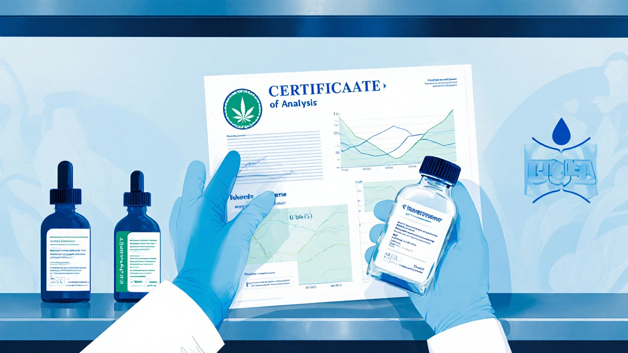 Laboratorní scéna s rukama držícími lahvičku extraktu a certifikát testu vedle lahví full‑spectrum i isolate.