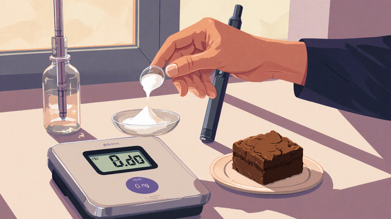 Osoba měří 0,5 mg prášku vedle vaporizéru, kapátka a brownies.