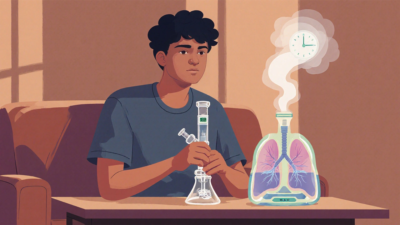 Osoba používá regulovaný dab rig a vodní vaporizér, symbolizuje bezpečné dýchání.