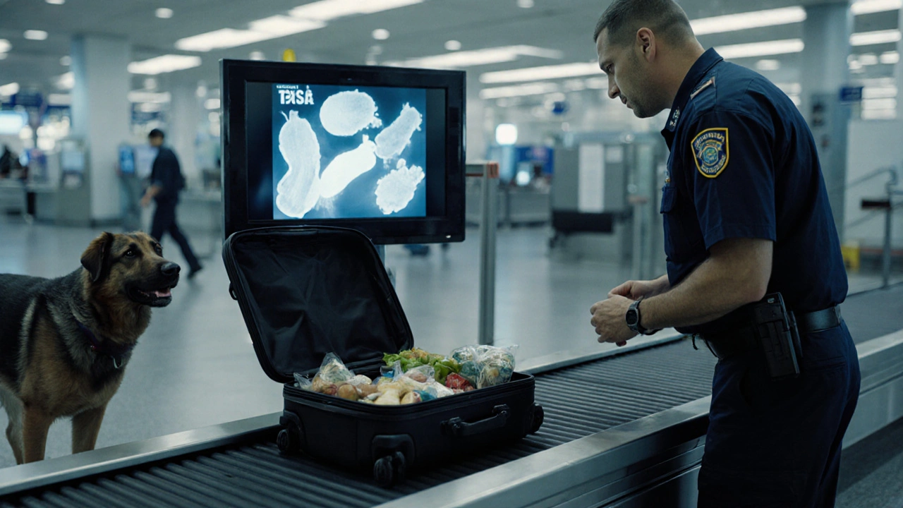 TSA kontrola: pás s batohem, X‑ray monitor a čichací pes u bezpečnostní brány.