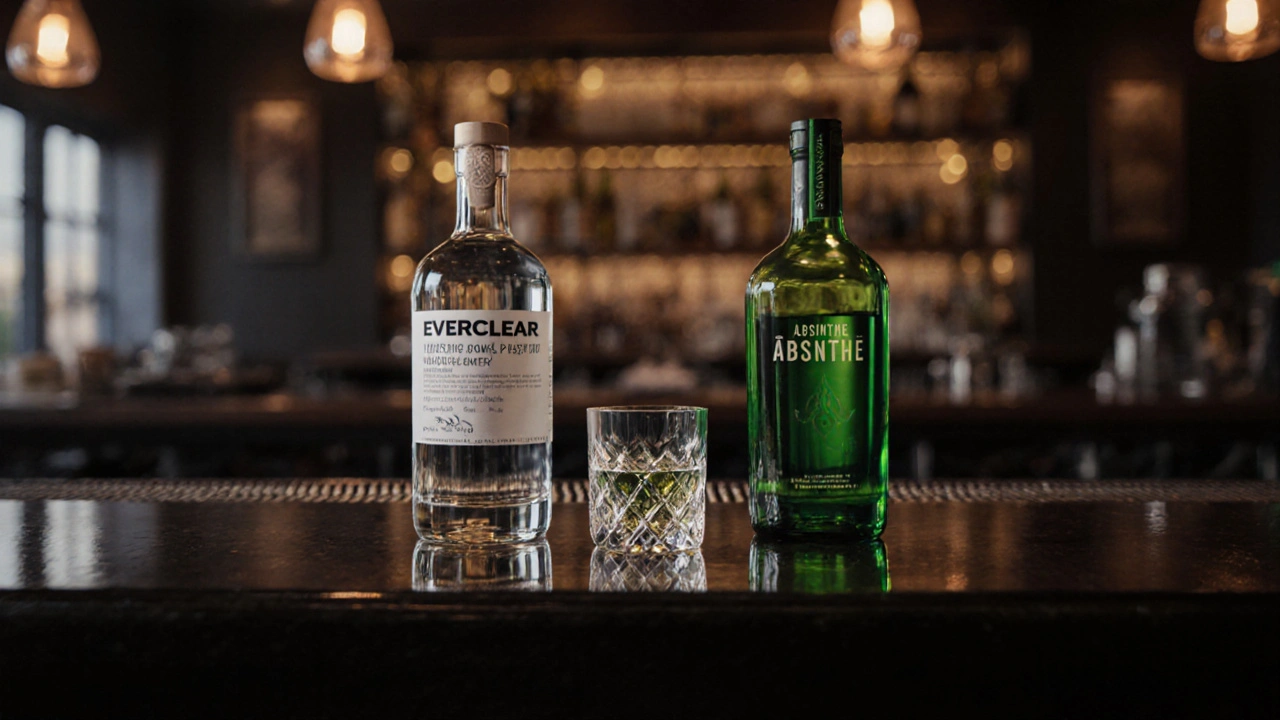 Vedle sebe jsou dvě lahve – čirá Everclear a zelená absint – s malými skleničkami v teplém osvětlení.
