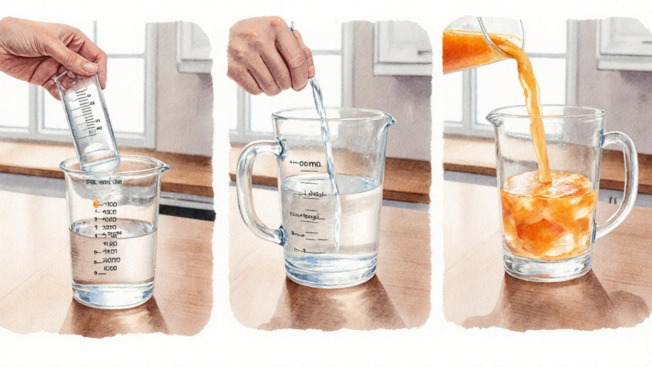 Voda a Everclear se míchají v kuchyni, vytvářejí pastelový 50 % nápoj s kapkou pomerančové šťávy.