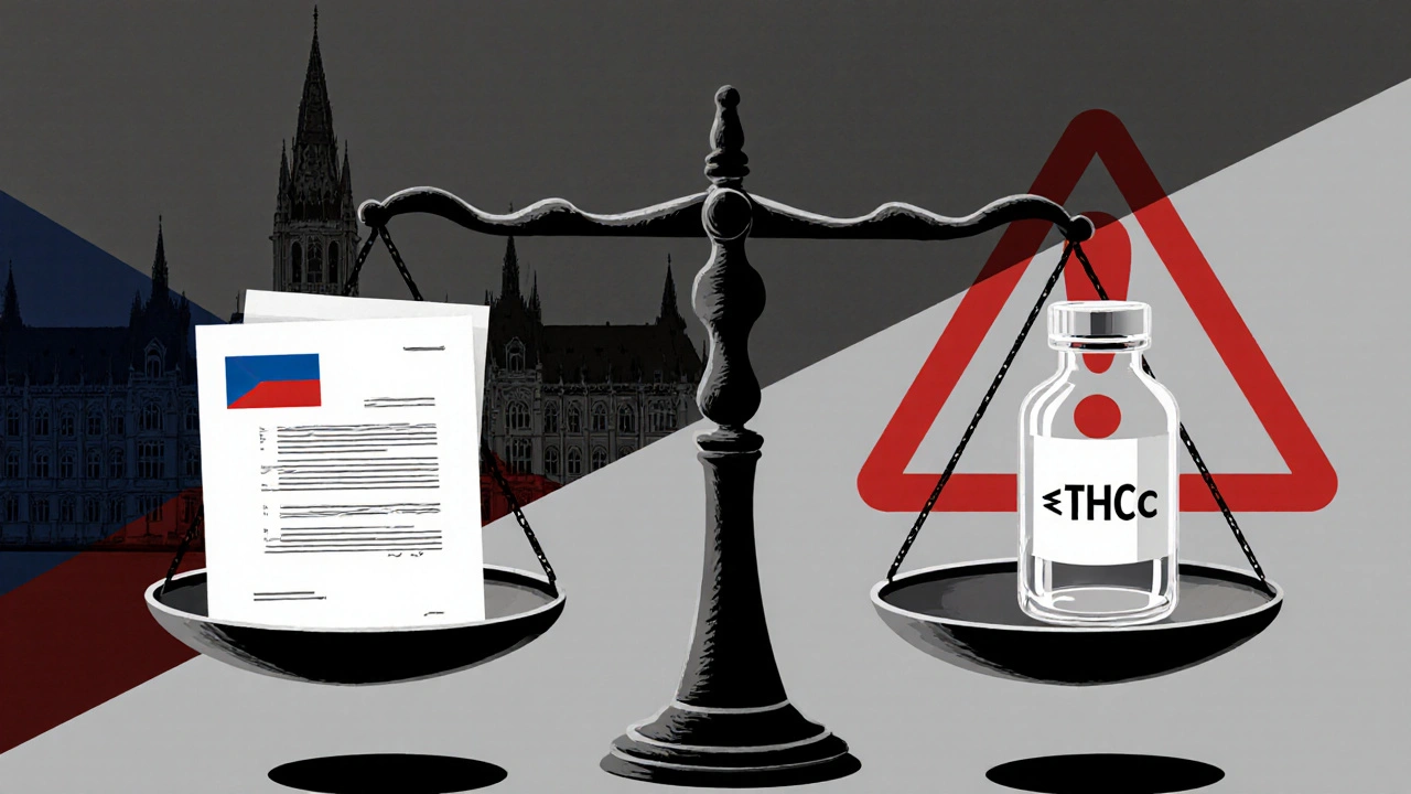 Vyvážená váha ukazující právní dokument a lahev Δ11‑THC, symbolizuje nejistotu.