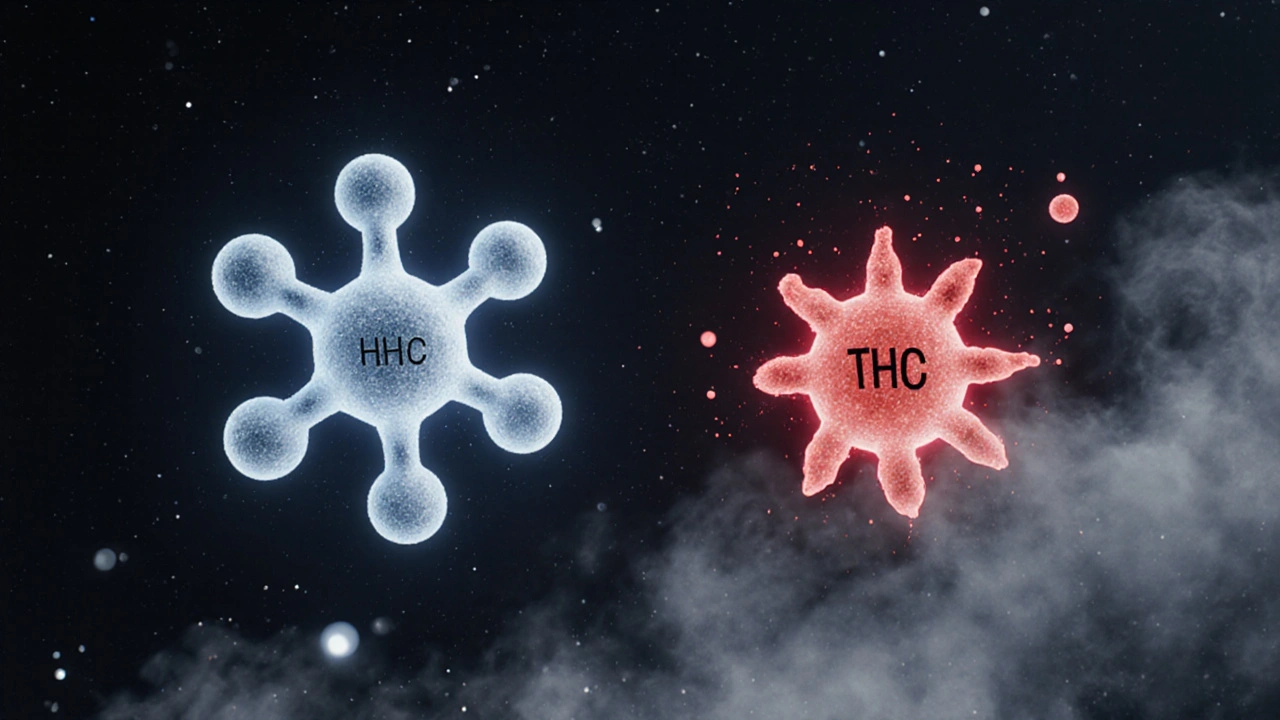 Abstraktní molekulární struktury HHC a THC ve vesmírném prostředí s jemným zářením.