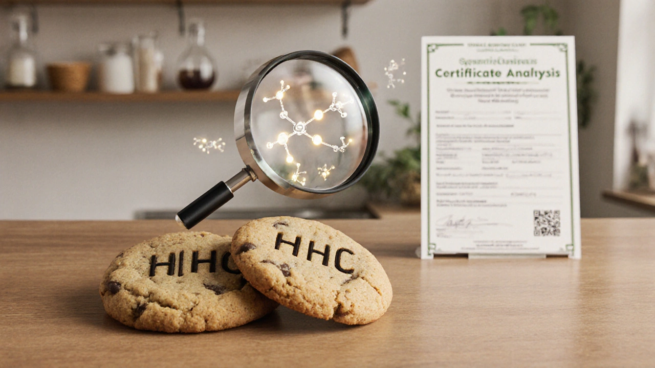 Dvě pečiva s označenými dávkami 5 mg a 10 mg s magnifikátorem a certifikátem analýzy.