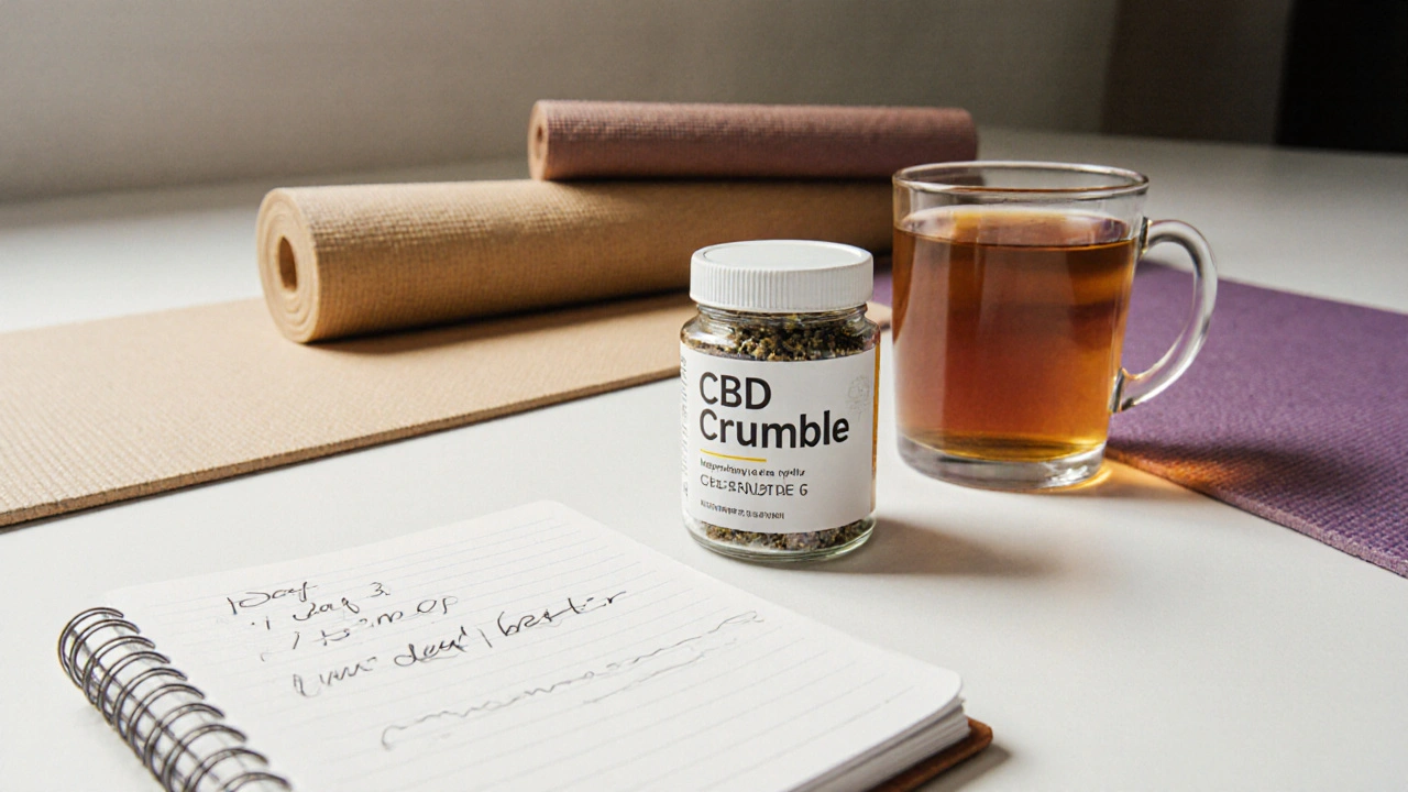 Malý obal CBD crumble s poznámkami o spánku a čajem.