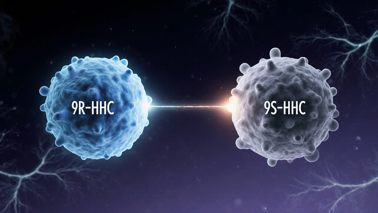 Molekulární struktury 9R-HHC a 9S-HHC ve vzduchu s jemným světlem