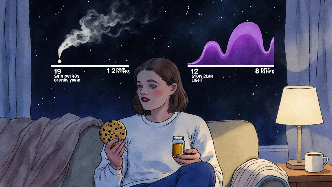 Osoba v klidu večer drží domácí cannabis cookie a nádobu s konopným máslem.