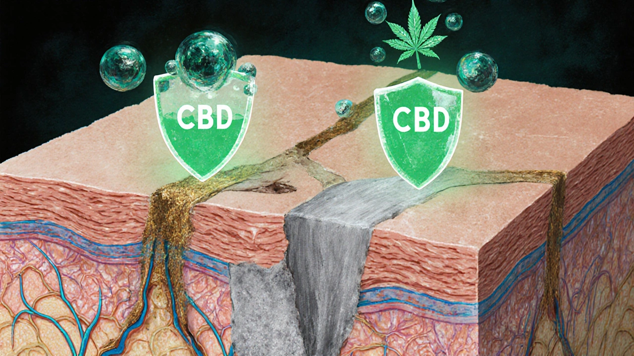 Průřez kůže s CBD molekulami chránícími kolagen a elastin před poškozením.