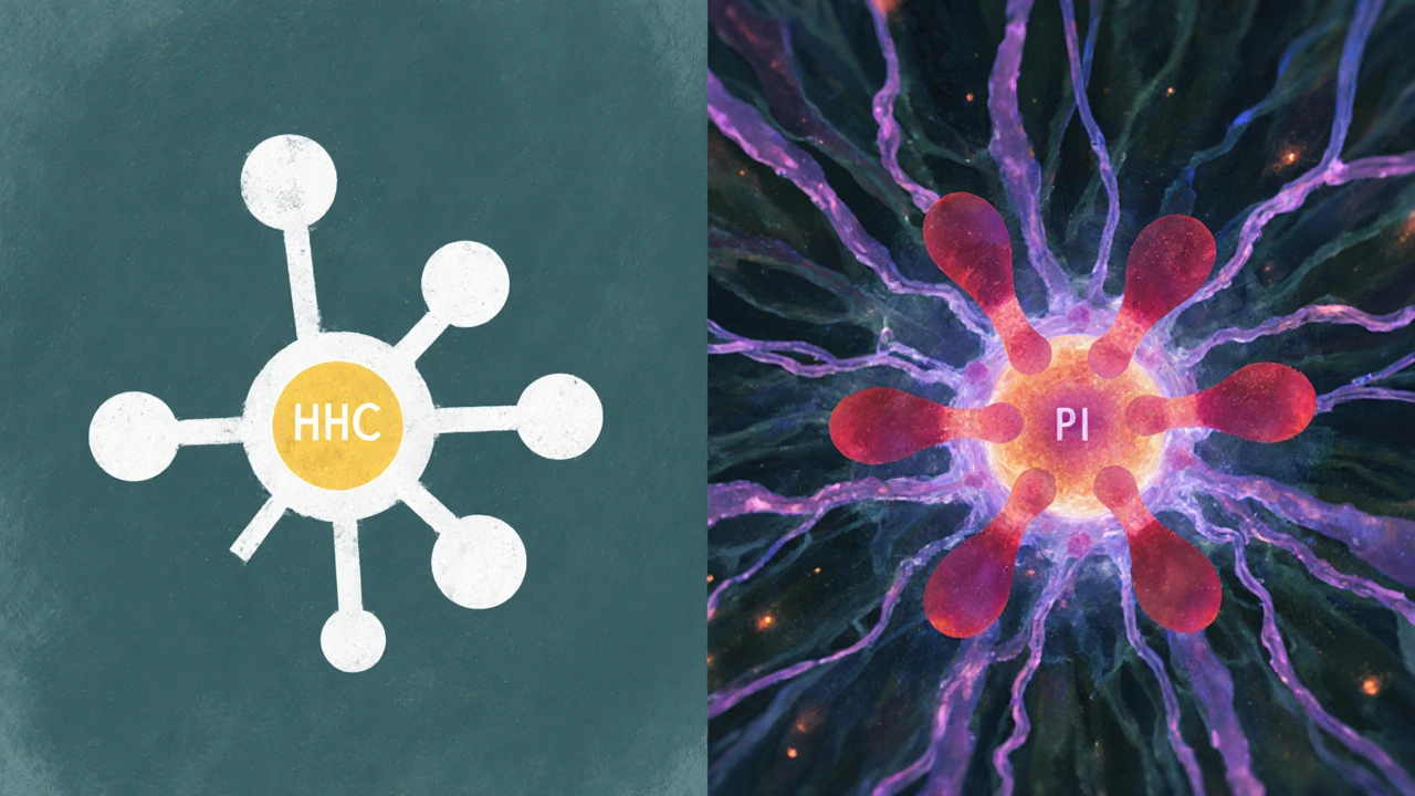 Srovnání molekul HHC-O a HHC-P při vazbě na CB1 receptor, s jemnými barvami a abstraktními nervovými vzory na pozadí.