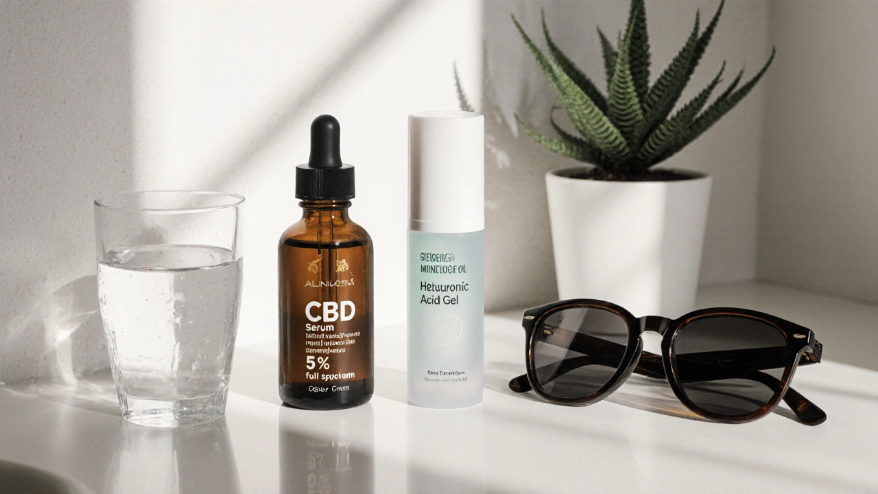 Tři kosmetické produkty na koupelnové lavici: CBD sérum, retinol a kyselina hyaluronová.