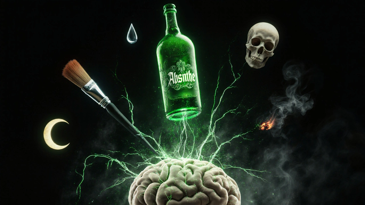 Zelená láhev absinthu nad mozkem, světelné spojky se rozbíjejí, kapka vody padá, symbolická scéna bezpečného pití.