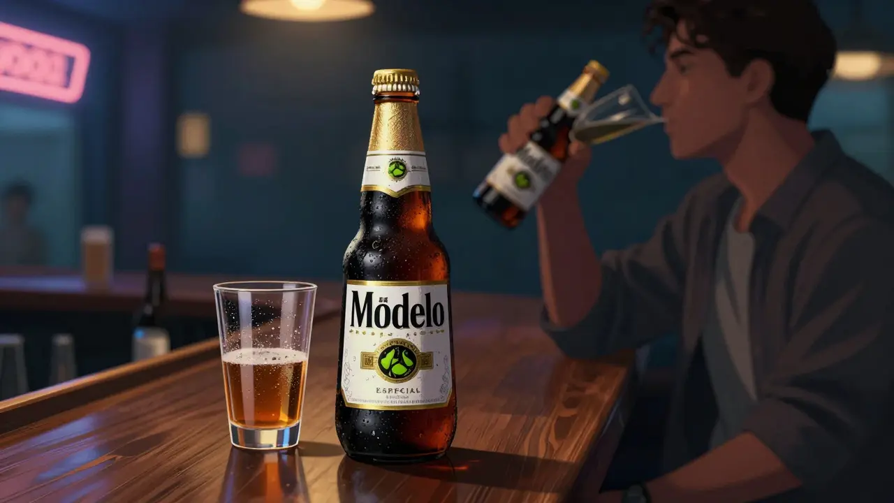 Černá láhev Modelo Especial na baru při měkkém osvětlení.