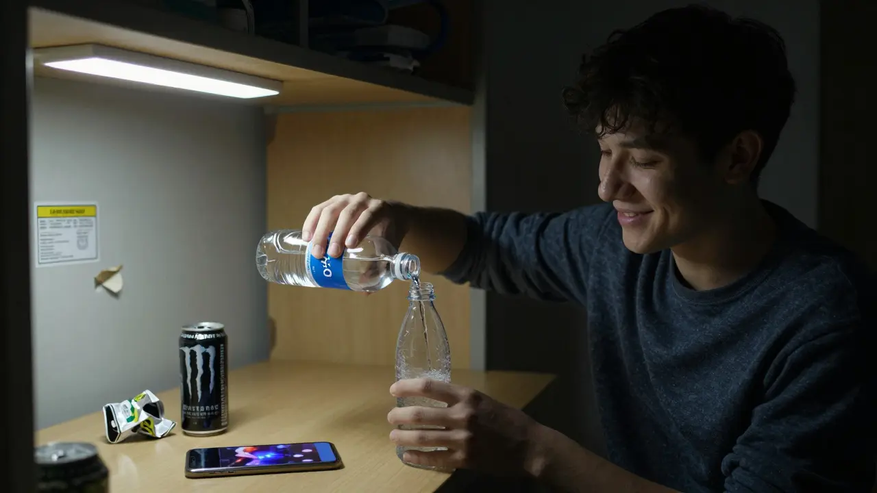 Mladý muž nalévá čistý alkohol do láhve s vodou v kampusovém pokoji.