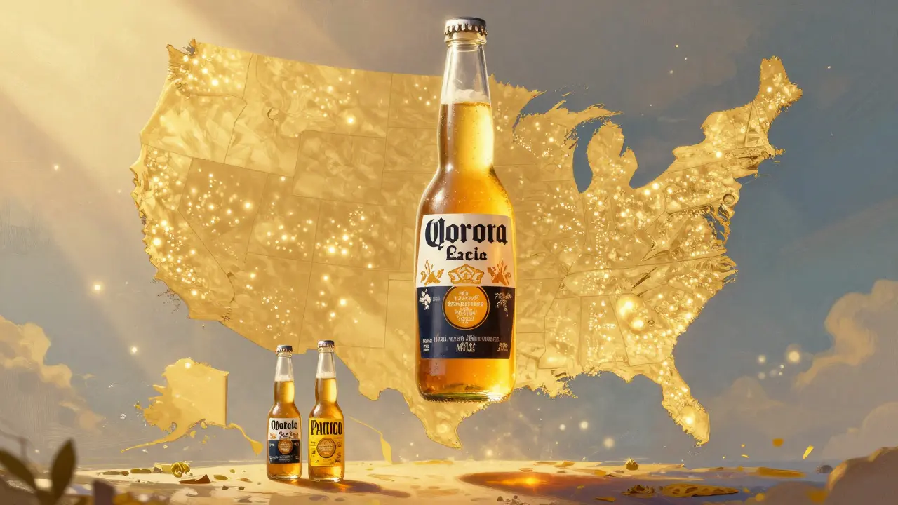 Obří Corona láhev nad mapou USA s body prodeje jako světelné tečky.