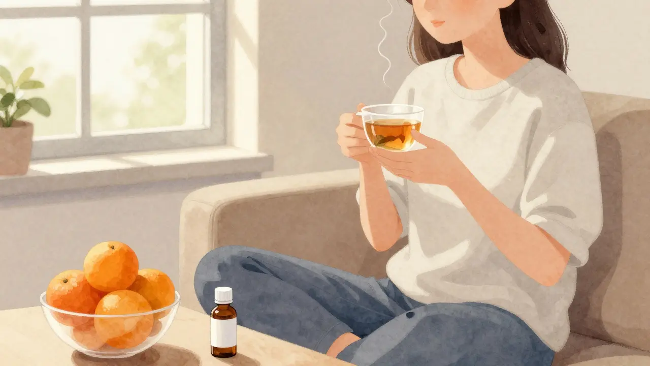 Osoba klidně sedí v obývacím pokoji s vitamínem C a bylinkovým čajem.