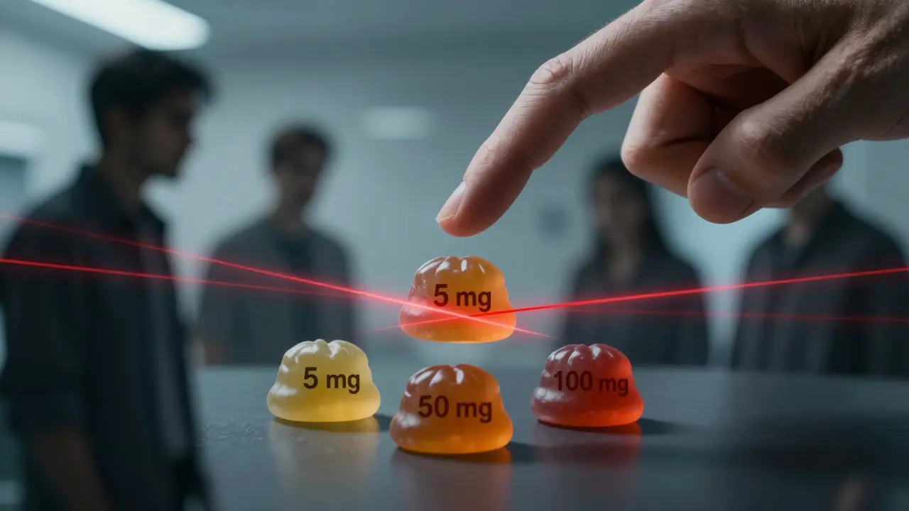 Tři bonbónky s různými dávkami THC, červená výstraha přes nejvyšší dávku, pod klinickým osvětlením.
