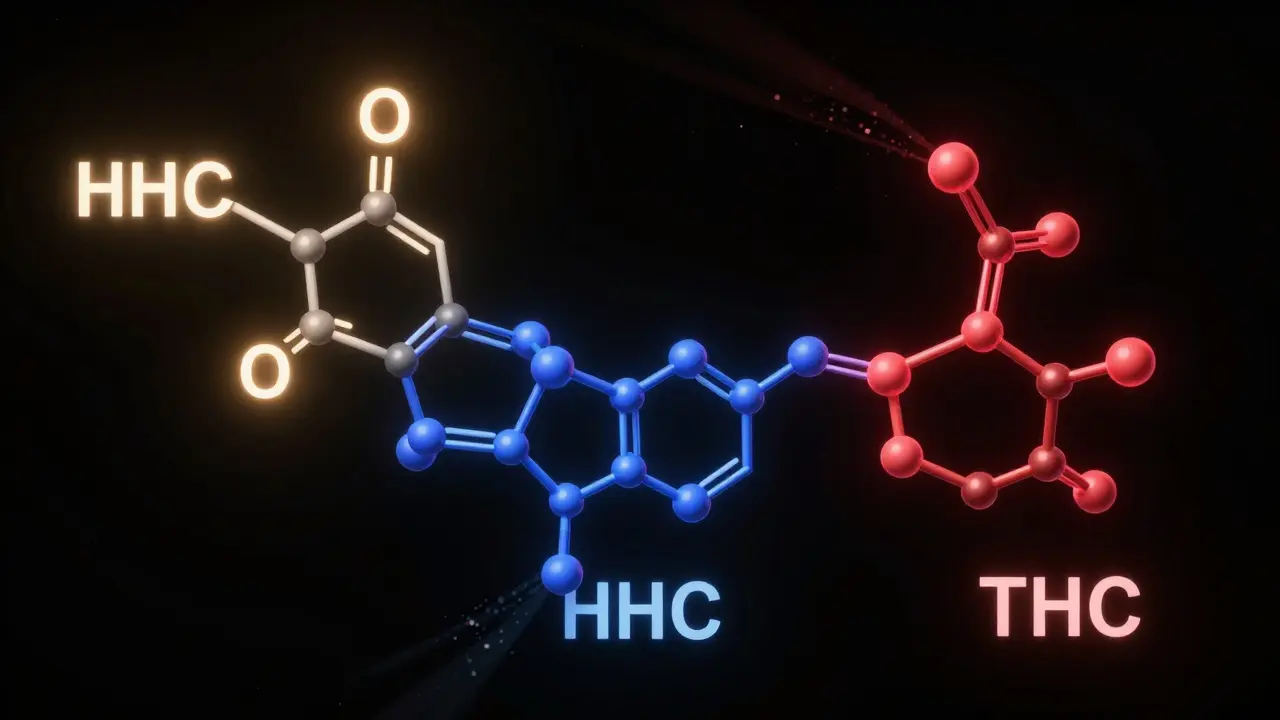 Abstraktní molekulární struktury HHC-O, HHC a THC ve tmavém prostoru.