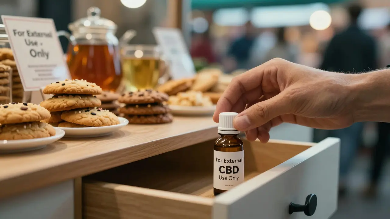 CBD olej v kuchyňské šuplíku, zatímco na pozadí je trh s potravinami.