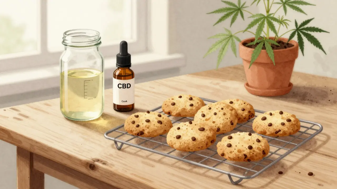 Domácí sušenky s CBD na drátové mřížce s přírodními surovinami.