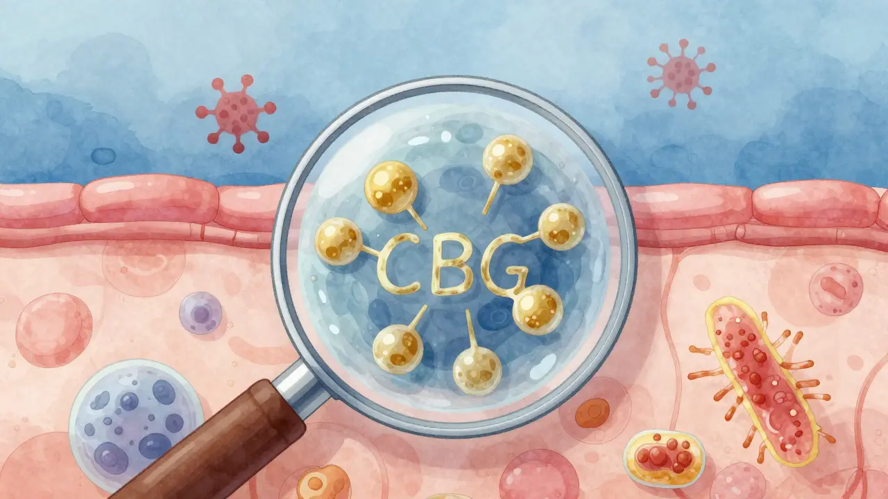 Zvětšený pohled na kůžní buňku s CBG molekulami vázajícími se na receptory.