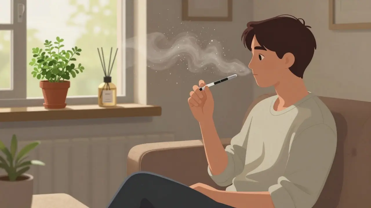 Osoba používá dab pen v bytě při světle z okna s jemnou výparou.