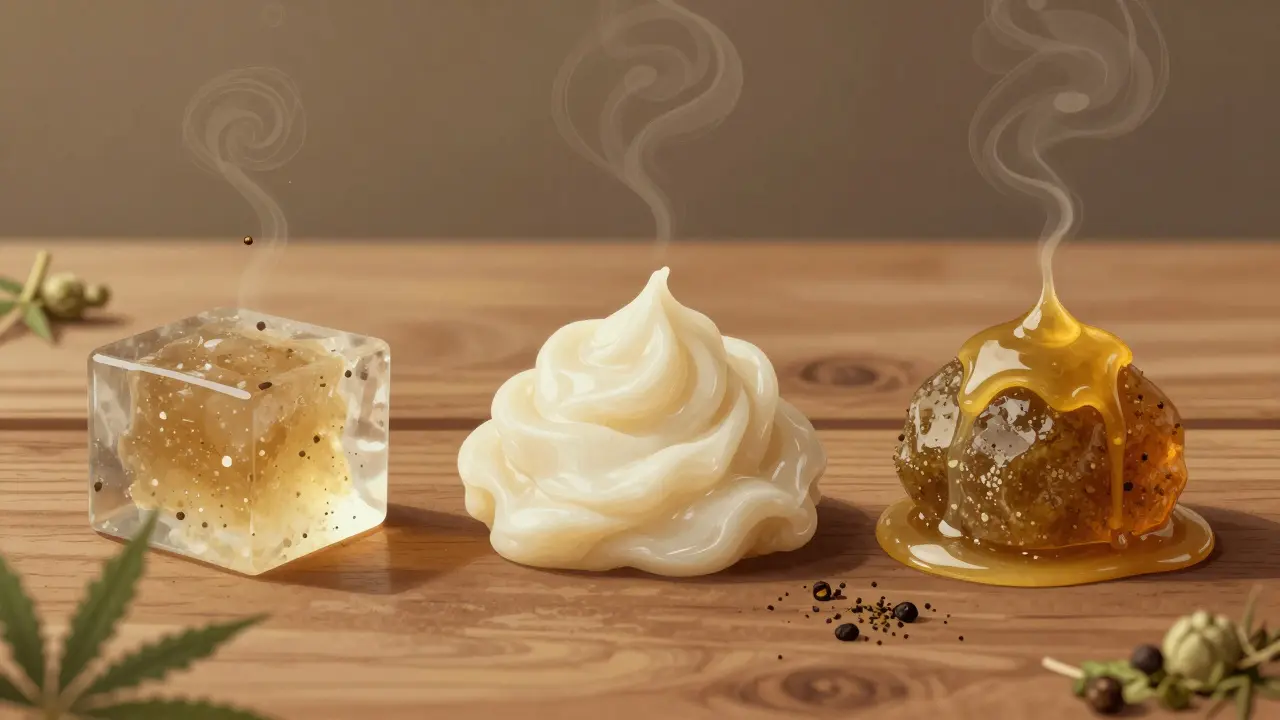 Srovnání tří forem koncentrátů: shatter, budder a sap s přírodními vlákny a vůněmi terpenů.