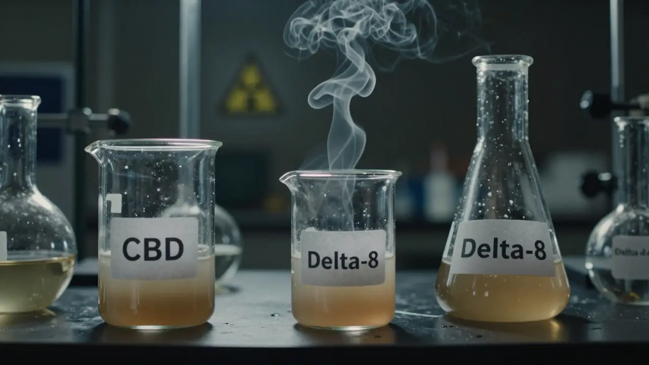 Laboratorní pracoviště s chemickými nádobami a nečistotami, které naznačují nebezpečnou syntézu delta-8.