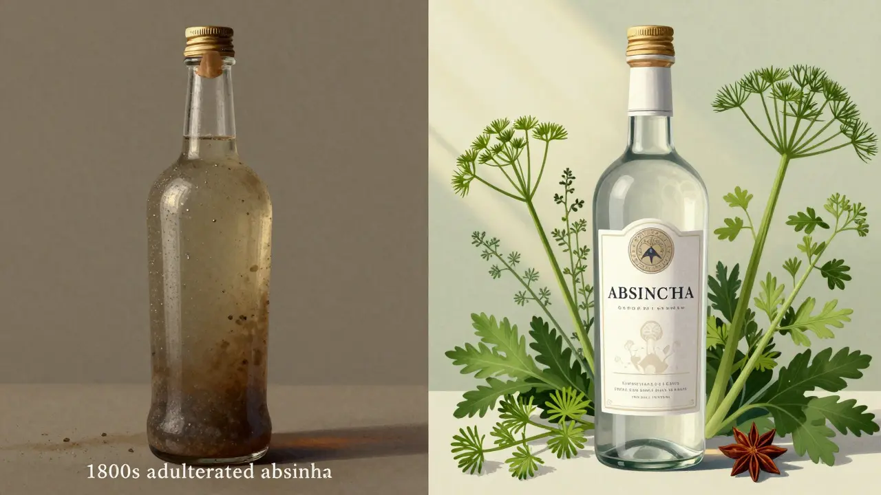 Porovnání starého znečištěného absintu a moderního čistého českého absintu s bylinami.