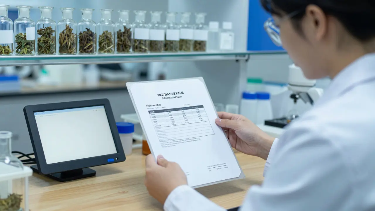 Vědec analyzuje certifikát čistoty konopné květiny v laboratoři