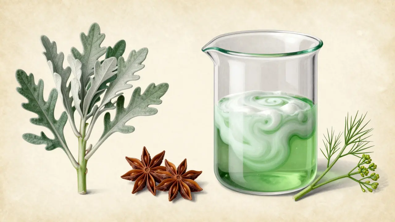 Botanická ilustrace absilu, koprostu a fenčelu s ukázkou mléčné emulze louche.