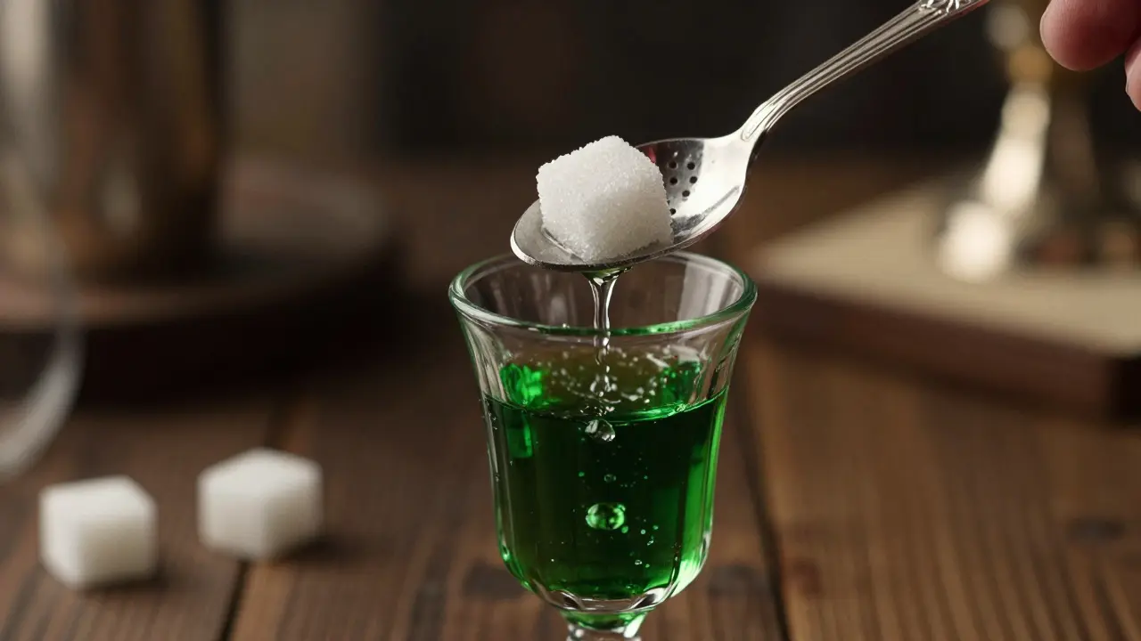 Detail tradičního rituálu s absintovou lžičkou, kostkou cukru a kapáním vody do sklenice.
