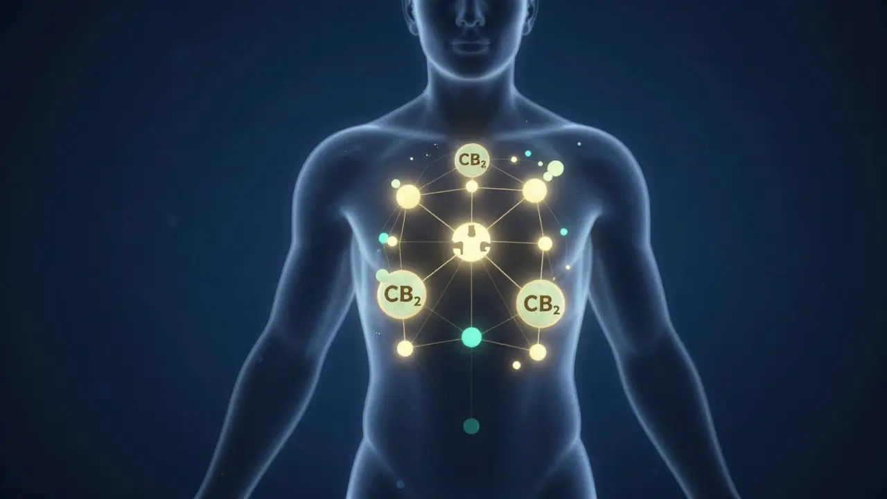 Konceptuální obraz endocannabinoidního systému s jemným působením H4CBD na receptory.