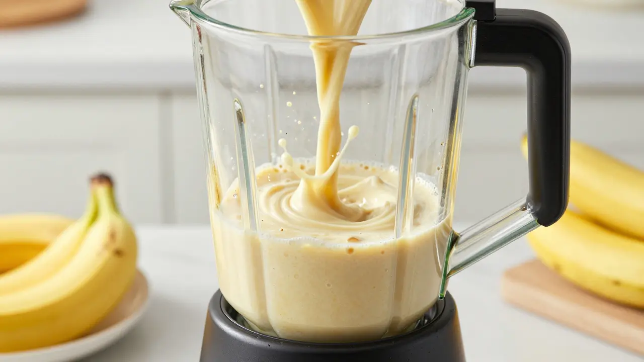 Mixér připravující krémový CBD smoothie s mandlovým mlékem.