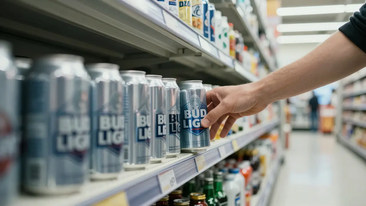 Ruka zákazníka v supermarketu sahá po konkurenčním pivu místo Bud Light.