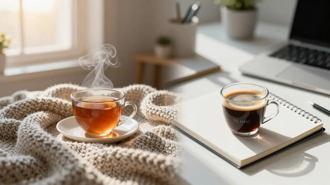 Srovnání relaxační atmosféry s přikrývkou a stimulujícího pracovního prostoru s espresso.