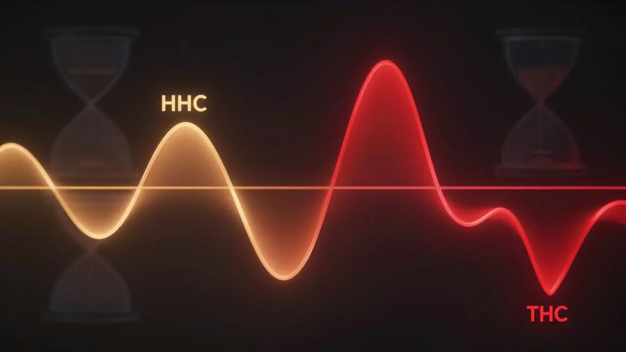Abstraktní porovnání délky účinku HHC a THC pomocí barevných vln a časových os.