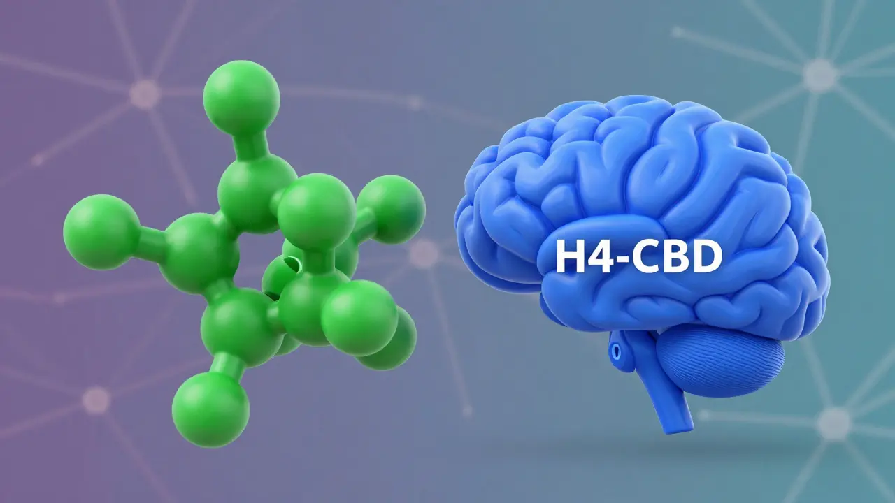 Konceptuální ilustrace ukazující lepší vazbu molekuly H4-CBD na receptory než CBD.