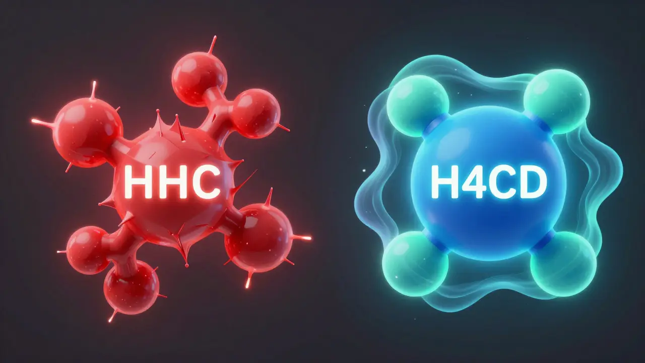 Konceptuální porovnání molekul HHC a H4CBD zobrazující rozdíl účinků