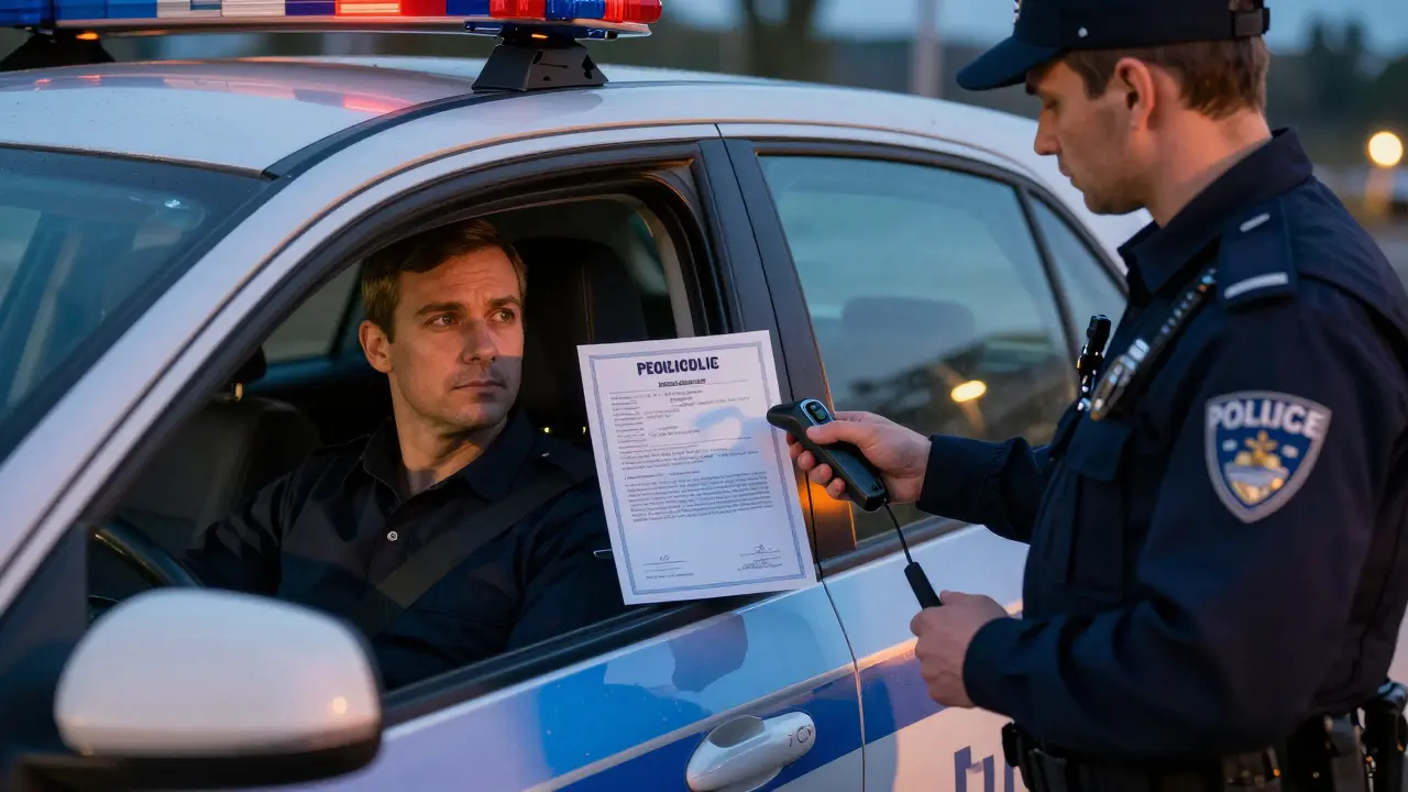 Policista kontroluje řidiče, který předkládá certifikát produktu