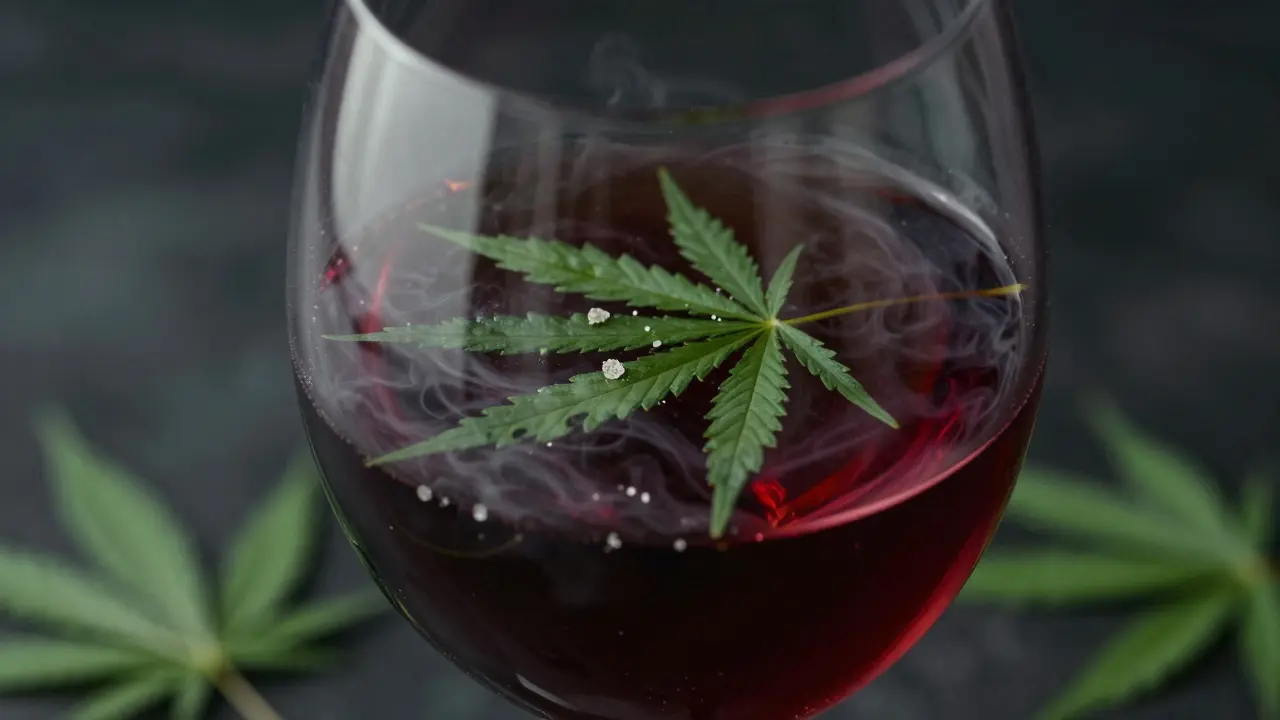 Sklenice konopného vína s tmavou mlhou znázorňující rizika interakce alkoholu a kanabinoidů