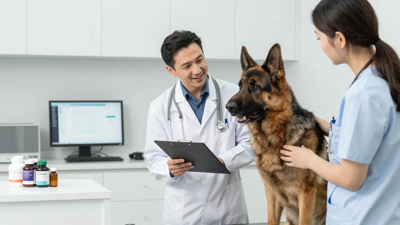 Veterinář vyšetřuje německého ovčáka v klinice při konzultaci o zdraví psa.
