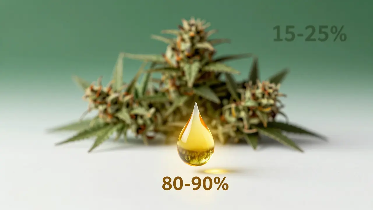 Abstraktní vizualizace vyšší koncentrace THC v oleji oproti trávě