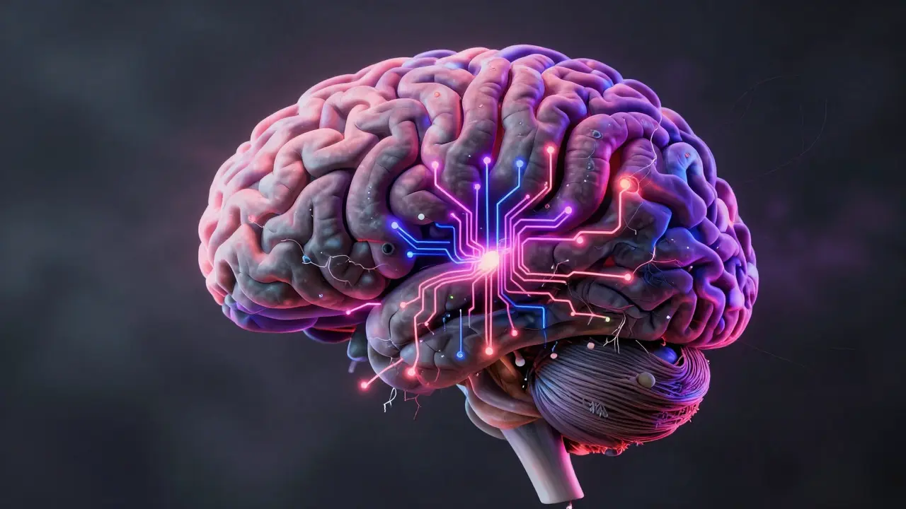Abstraktní zobrazení přetížení mozku a neuronových vazeb THC