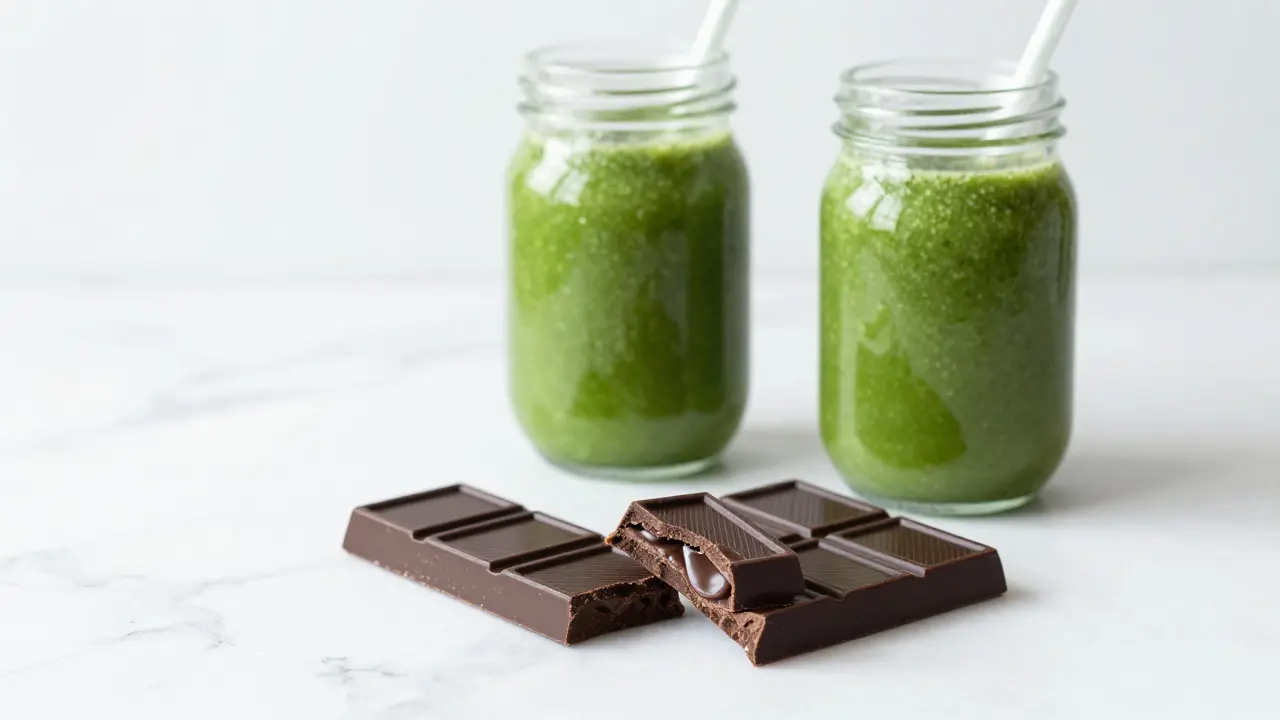 Čokoláda s CBD a zelené smoothie na mramorové desce