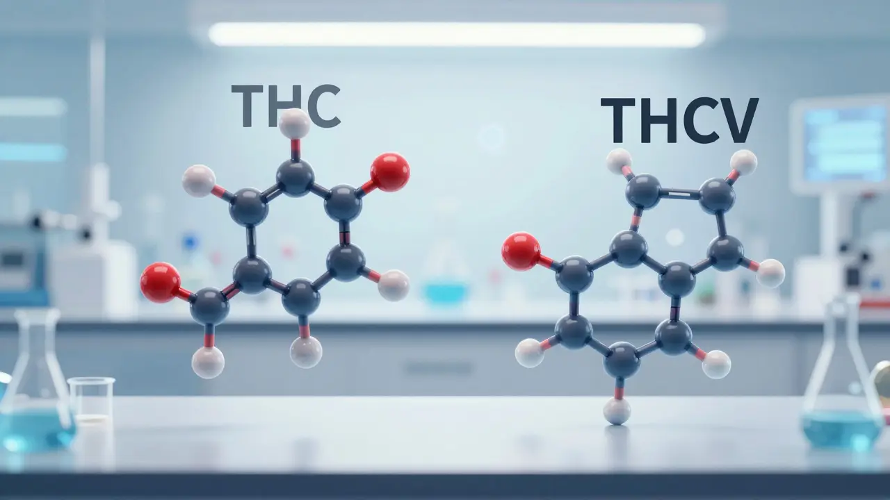 Konceptuální ilustrace rozdílů mezi molekulami THC a THCV v laboratoři