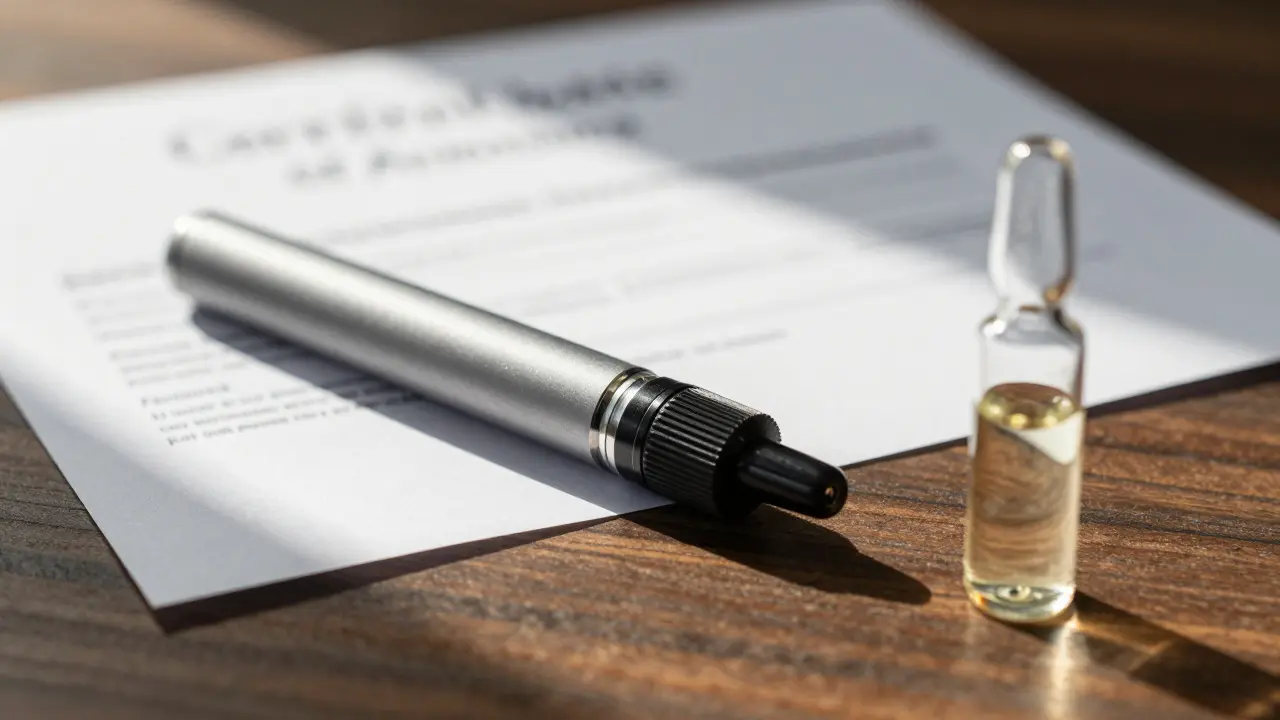 Kvalitní konopný kartridž a dokument certifikace na dřevěném stole